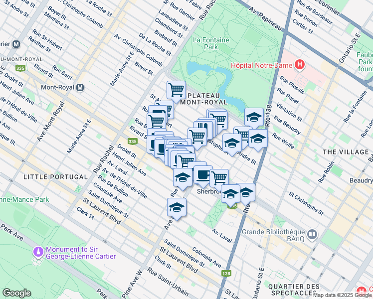 map of restaurants, bars, coffee shops, grocery stores, and more near 3875 Rue Berri in Montréal