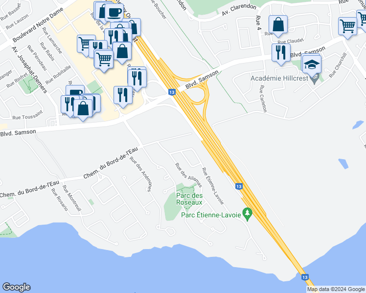 map of restaurants, bars, coffee shops, grocery stores, and more near 884 Rue Étienne-Lavoie in Laval