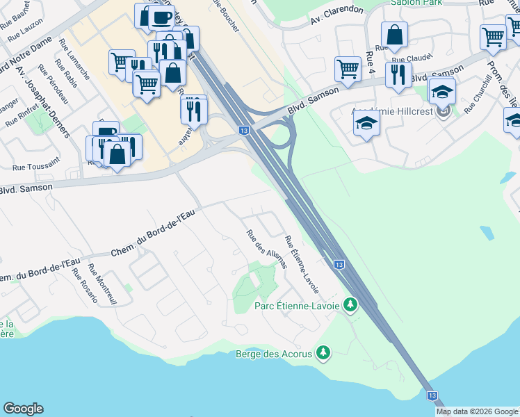 map of restaurants, bars, coffee shops, grocery stores, and more near 884 Rue Étienne-Lavoie in Laval