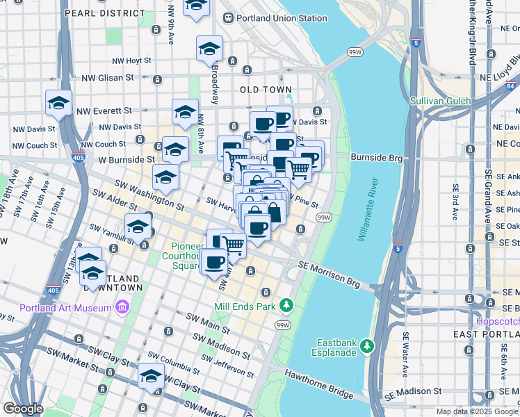 map of restaurants, bars, coffee shops, grocery stores, and more near 206 Southwest Harvey Milk Street in Portland