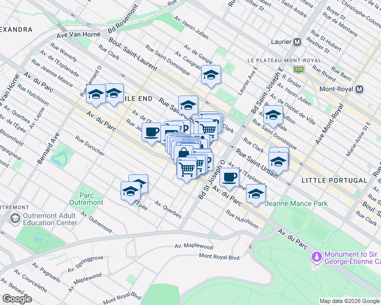 map of restaurants, bars, coffee shops, grocery stores, and more near 5133 Rue Jeanne-Mance in Montréal