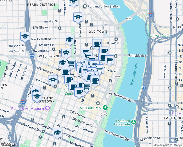 map of restaurants, bars, coffee shops, grocery stores, and more near 321 Southwest 4th Avenue in Portland