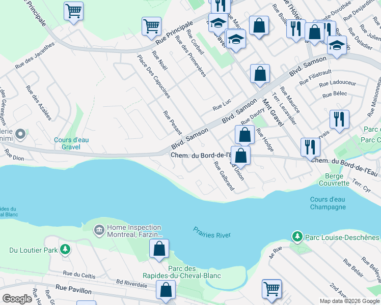 map of restaurants, bars, coffee shops, grocery stores, and more near 825 Chemin du Bord-de-l'Eau in Laval
