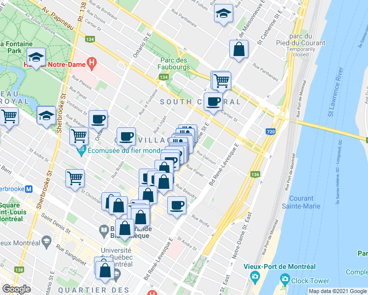 map of restaurants, bars, coffee shops, grocery stores, and more near 1415 Rue Plessis in Montréal
