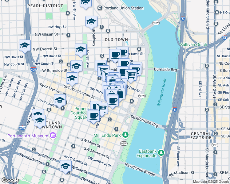 map of restaurants, bars, coffee shops, grocery stores, and more near 320 Southwest Oak Street in Portland