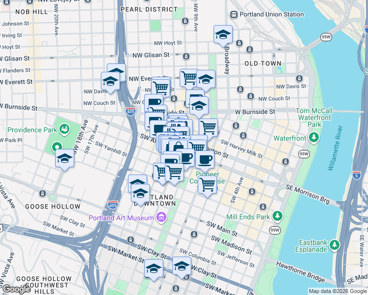 map of restaurants, bars, coffee shops, grocery stores, and more near 550 Southwest 10th Avenue in Portland