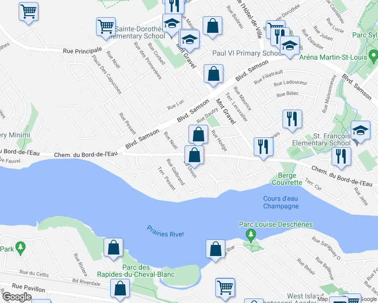 map of restaurants, bars, coffee shops, grocery stores, and more near Chemin du Bord-de-l'Eau in Laval