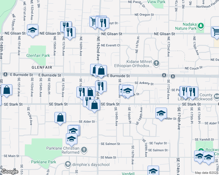 map of restaurants, bars, coffee shops, grocery stores, and more near 235 Southeast 165th Avenue in Portland