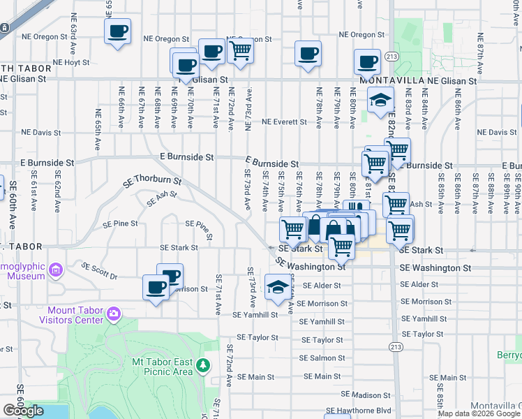 map of restaurants, bars, coffee shops, grocery stores, and more near 222 Southeast 73rd Avenue in Portland