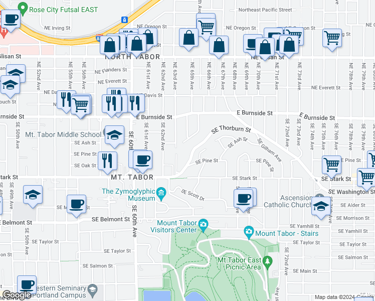 map of restaurants, bars, coffee shops, grocery stores, and more near 6461 Southeast Thorburn Street in Portland