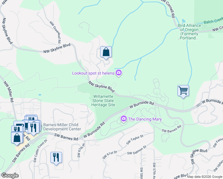 map of restaurants, bars, coffee shops, grocery stores, and more near Northwest Skyline Boulevard in Portland