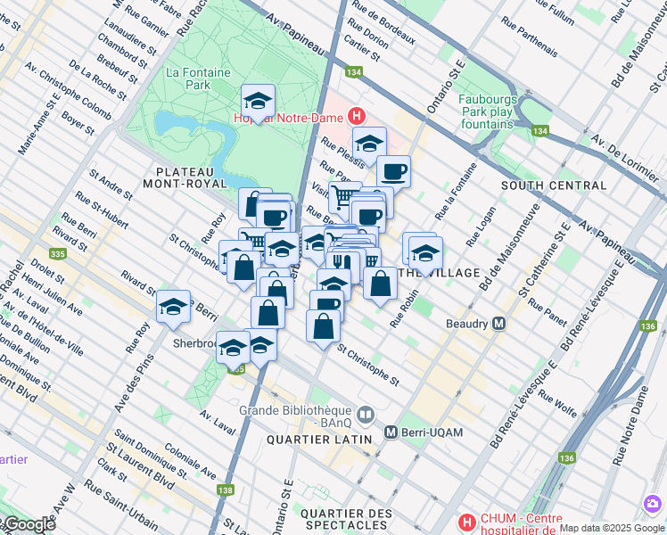 map of restaurants, bars, coffee shops, grocery stores, and more near Rue du Amherst Square, Square Amherst in Montreal