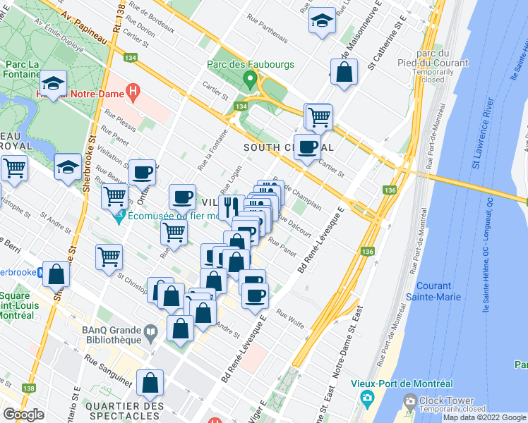 map of restaurants, bars, coffee shops, grocery stores, and more near 1427 Rue Plessis in Montréal