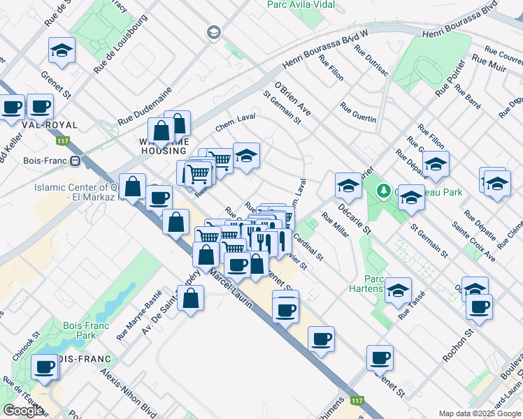 map of restaurants, bars, coffee shops, grocery stores, and more near 1925 Rue Patricia in Montréal