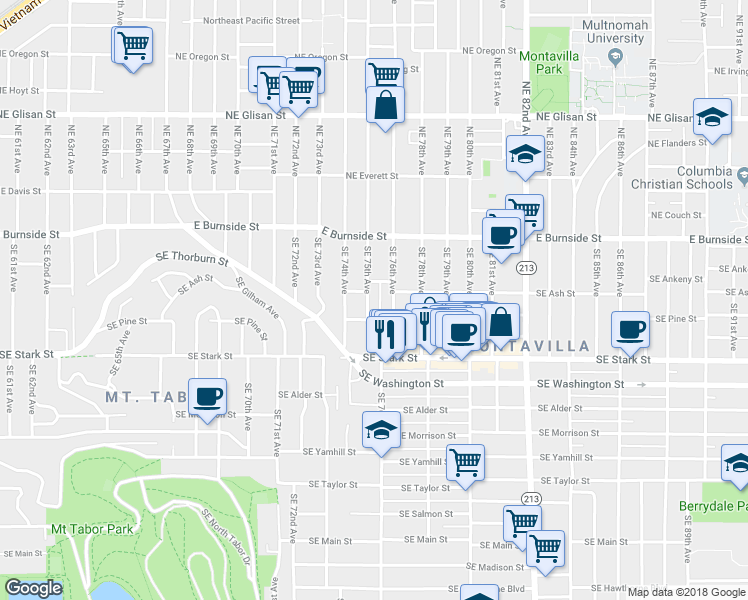 map of restaurants, bars, coffee shops, grocery stores, and more near 216 Southeast 75th Avenue in Portland