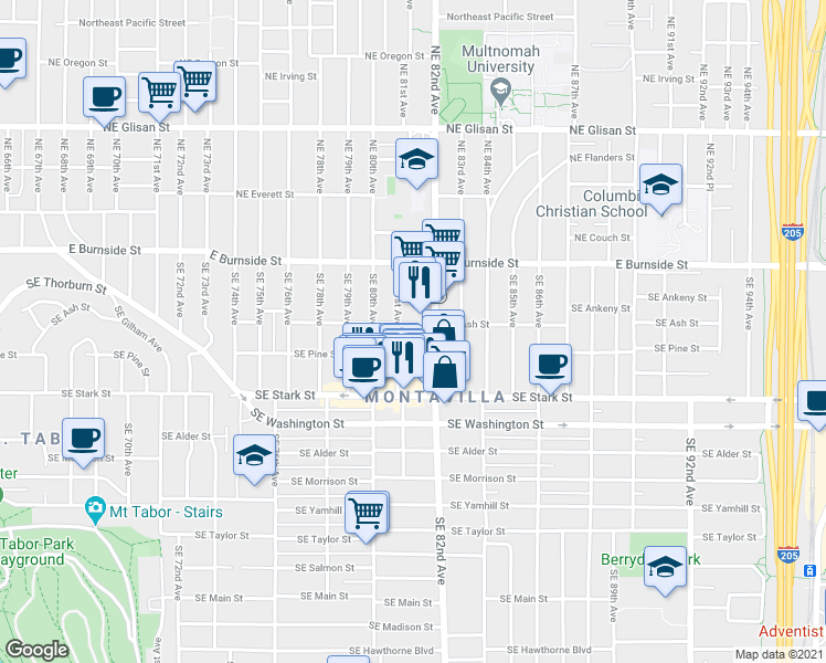 map of restaurants, bars, coffee shops, grocery stores, and more near 8125 Southeast Pine Street in Portland