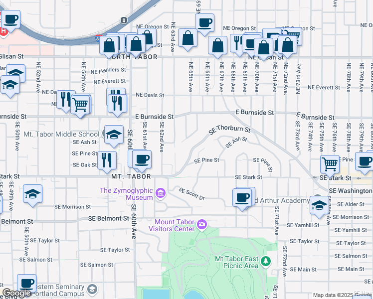 map of restaurants, bars, coffee shops, grocery stores, and more near 6451 Southeast Thorburn Street in Portland