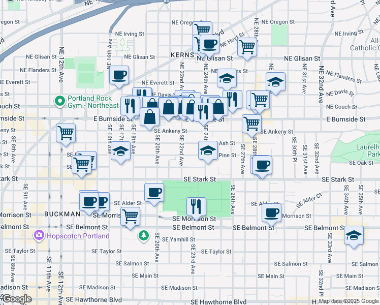 map of restaurants, bars, coffee shops, grocery stores, and more near 2232 Southeast Pine Street in Portland