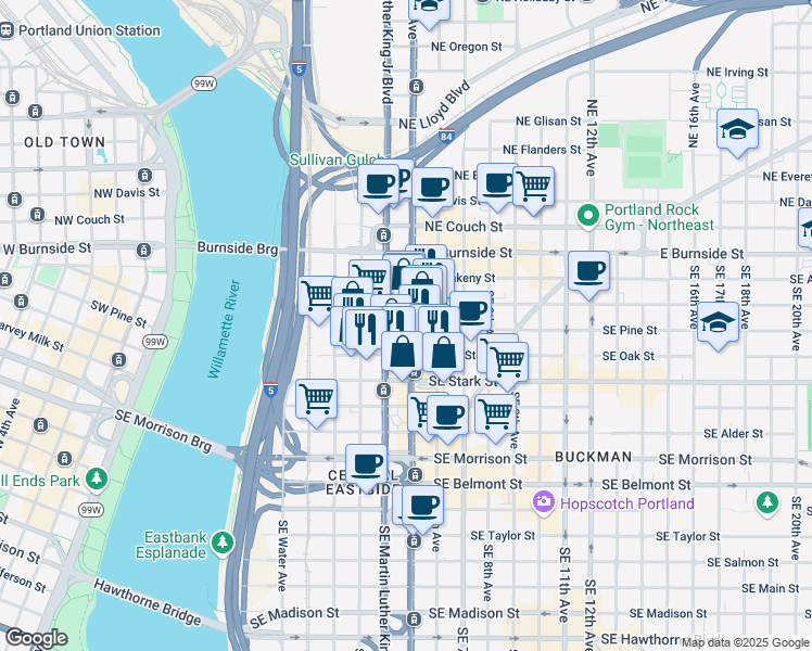 map of restaurants, bars, coffee shops, grocery stores, and more near 317 Southeast Grand Avenue in Portland