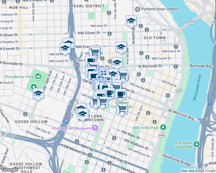 map of restaurants, bars, coffee shops, grocery stores, and more near in Portland