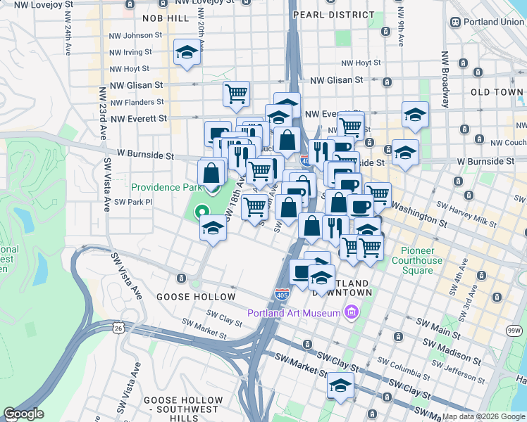 map of restaurants, bars, coffee shops, grocery stores, and more near 815 Southwest 15th Avenue in Portland
