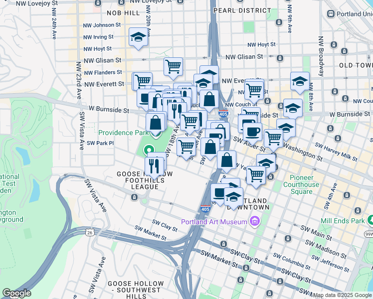 map of restaurants, bars, coffee shops, grocery stores, and more near 1602 Southwest Taylor Street in Portland