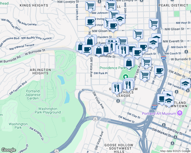 map of restaurants, bars, coffee shops, grocery stores, and more near 2210 Southwest Main Street in Portland