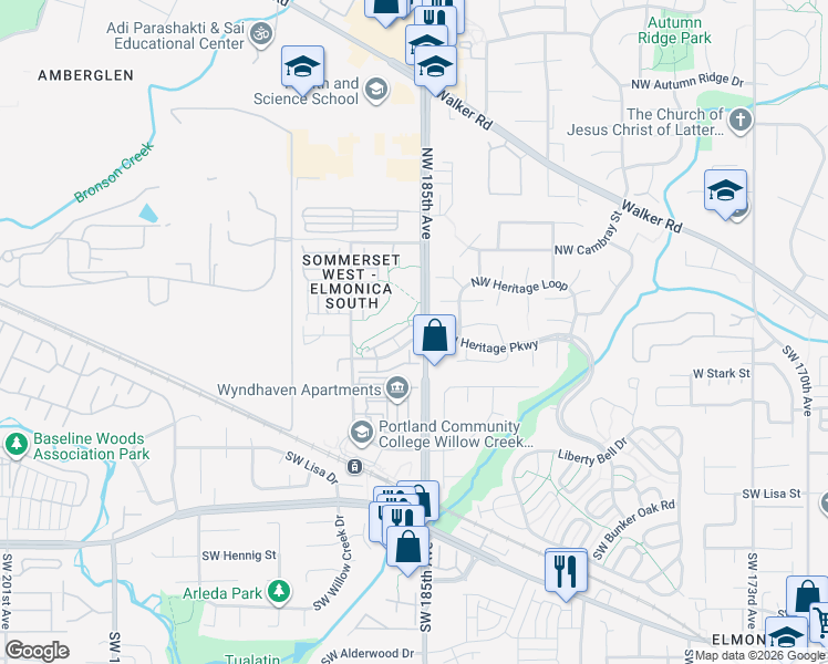 map of restaurants, bars, coffee shops, grocery stores, and more near in Hillsboro