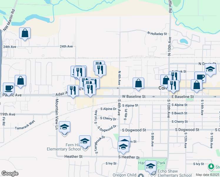 map of restaurants, bars, coffee shops, grocery stores, and more near 316 West Baseline Street in Cornelius