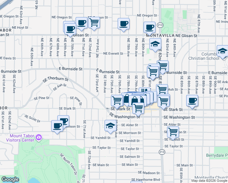 map of restaurants, bars, coffee shops, grocery stores, and more near 216 Southeast 75th Avenue in Portland