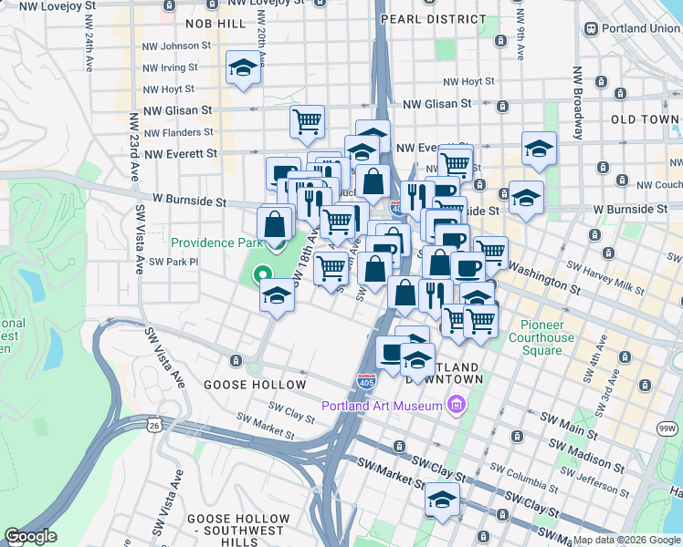 map of restaurants, bars, coffee shops, grocery stores, and more near 815 Southwest 15th Avenue in Portland