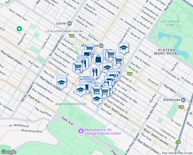 map of restaurants, bars, coffee shops, grocery stores, and more near in Montreal