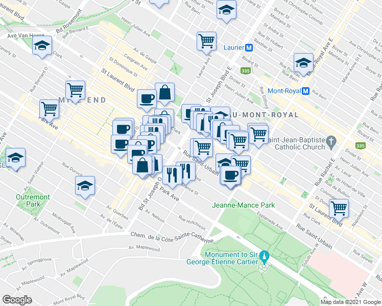 map of restaurants, bars, coffee shops, grocery stores, and more near 4881 Rue Saint-Urbain in Montréal