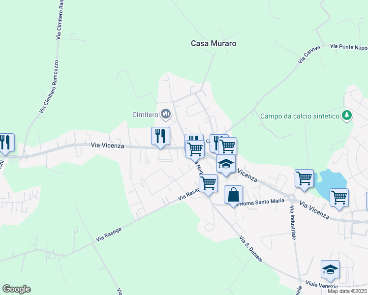 map of restaurants, bars, coffee shops, grocery stores, and more near 45 Via Vicenza in Camisano Vicentino