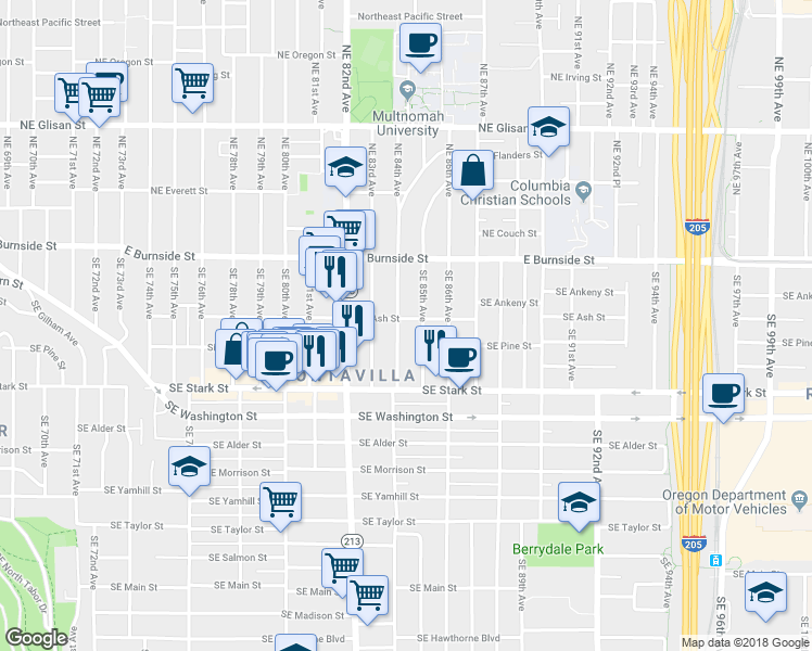 map of restaurants, bars, coffee shops, grocery stores, and more near 202 Southeast 84th Avenue in Portland