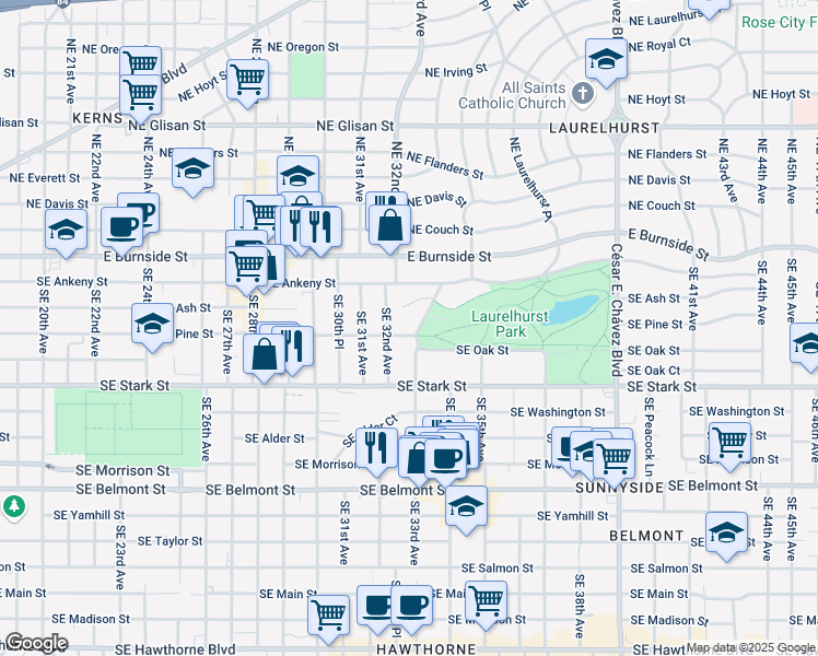 map of restaurants, bars, coffee shops, grocery stores, and more near 267 Southeast 33rd Avenue in Portland