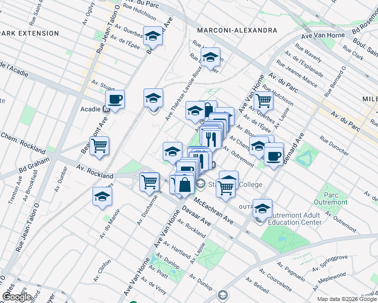 map of restaurants, bars, coffee shops, grocery stores, and more near 886 Avenue Wiseman in Montréal