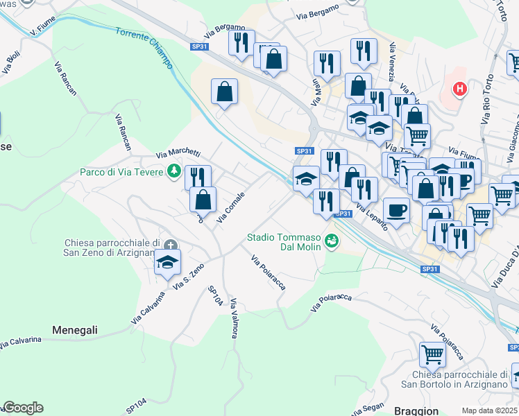 map of restaurants, bars, coffee shops, grocery stores, and more near 2d Via San Zeno in Provincia di Vicenza