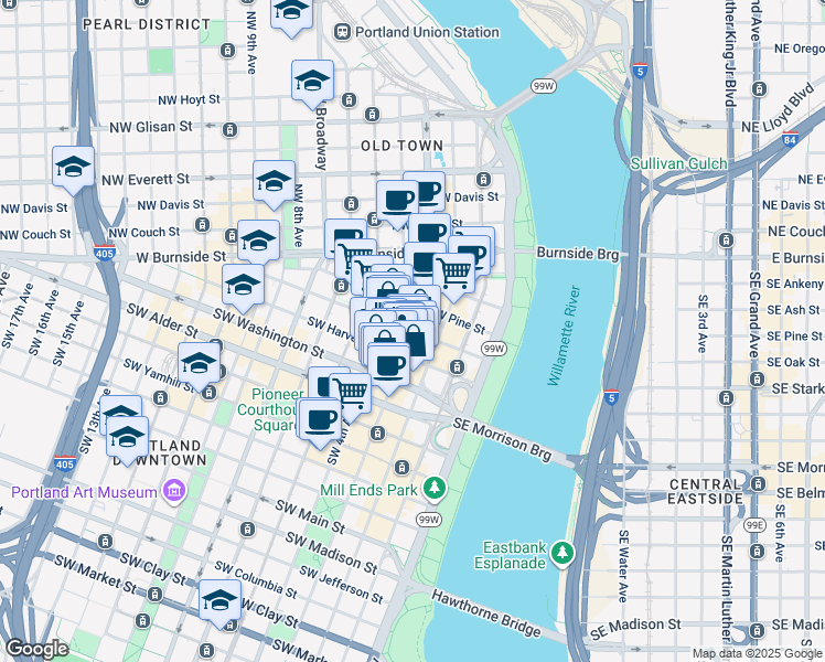 map of restaurants, bars, coffee shops, grocery stores, and more near 206 Southwest Harvey Milk Street in Portland