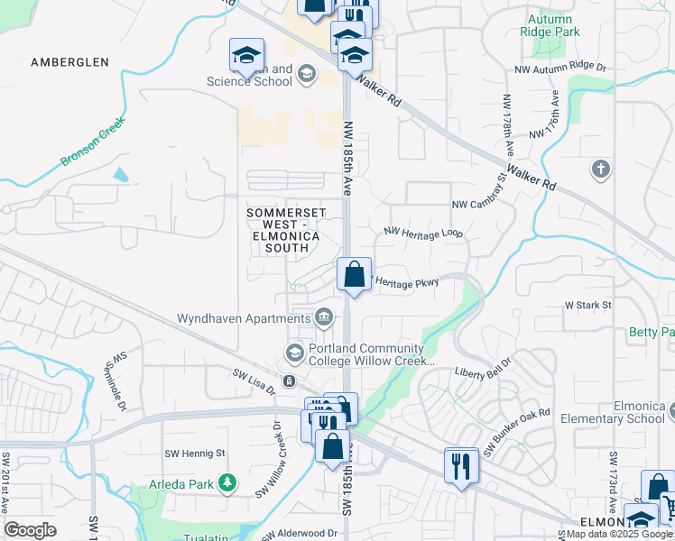 map of restaurants, bars, coffee shops, grocery stores, and more near 10667 Northeast Heritage Parkway in Hillsboro