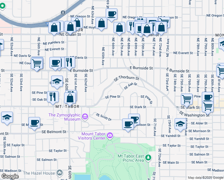 map of restaurants, bars, coffee shops, grocery stores, and more near 6620 Southeast Ash Court in Portland