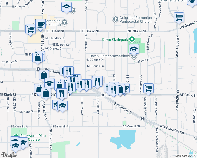 map of restaurants, bars, coffee shops, grocery stores, and more near 224 Southeast 188th Avenue in Portland