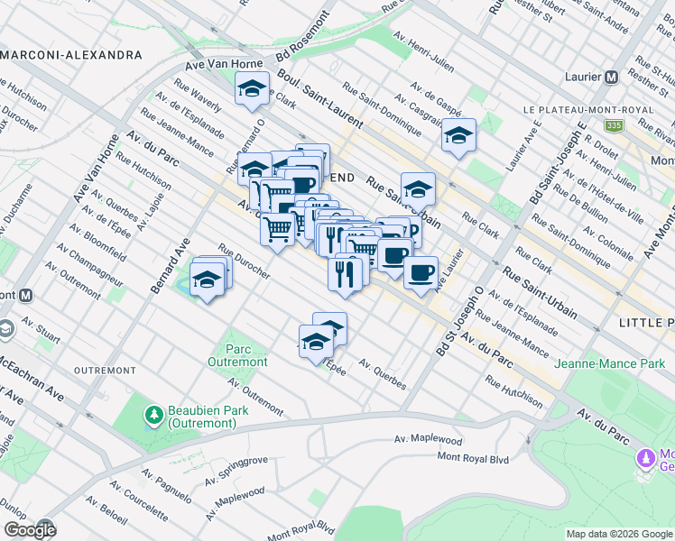 map of restaurants, bars, coffee shops, grocery stores, and more near 5316 Avenue du Parc in Montréal