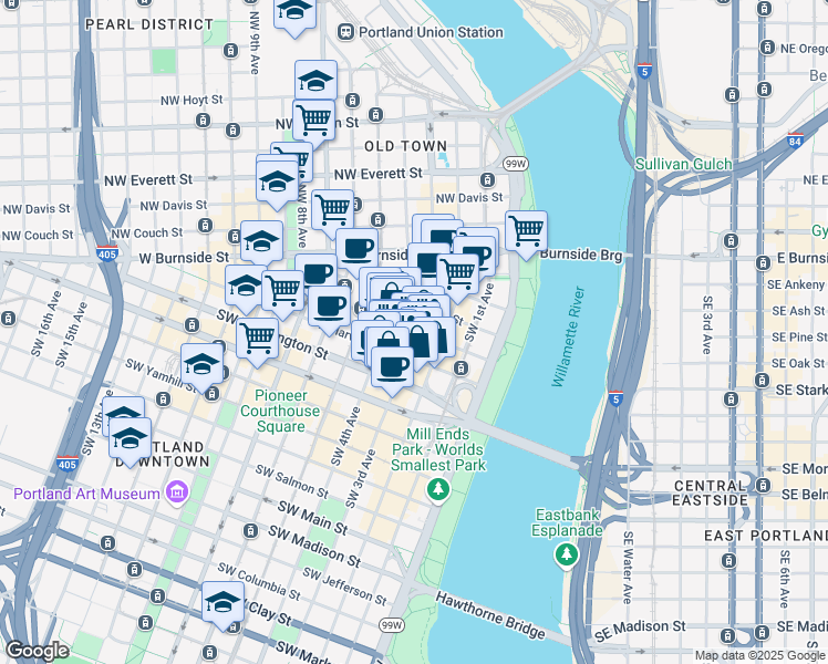 map of restaurants, bars, coffee shops, grocery stores, and more near 320 Southwest Oak Street in Portland