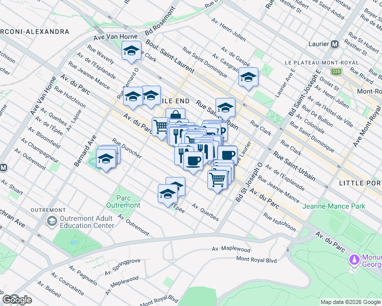 map of restaurants, bars, coffee shops, grocery stores, and more near 5255 Avenue du Parc in Montréal