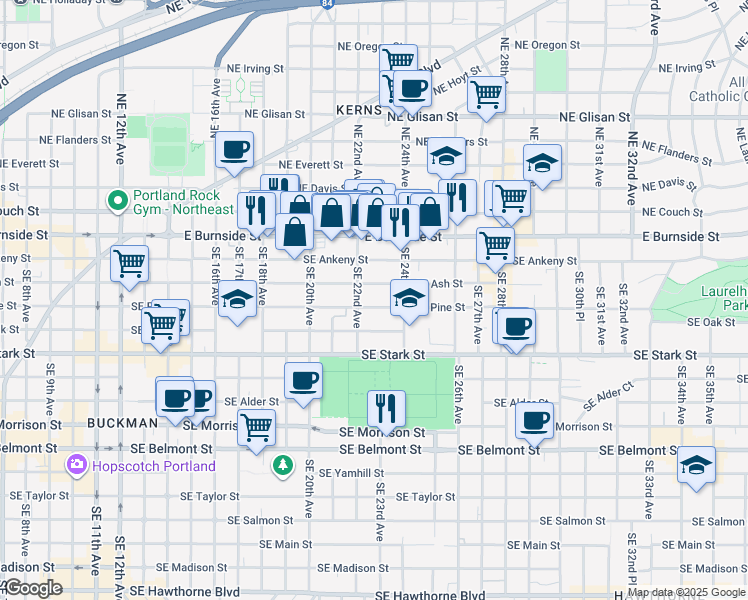 map of restaurants, bars, coffee shops, grocery stores, and more near 2232 Southeast Pine Street in Portland