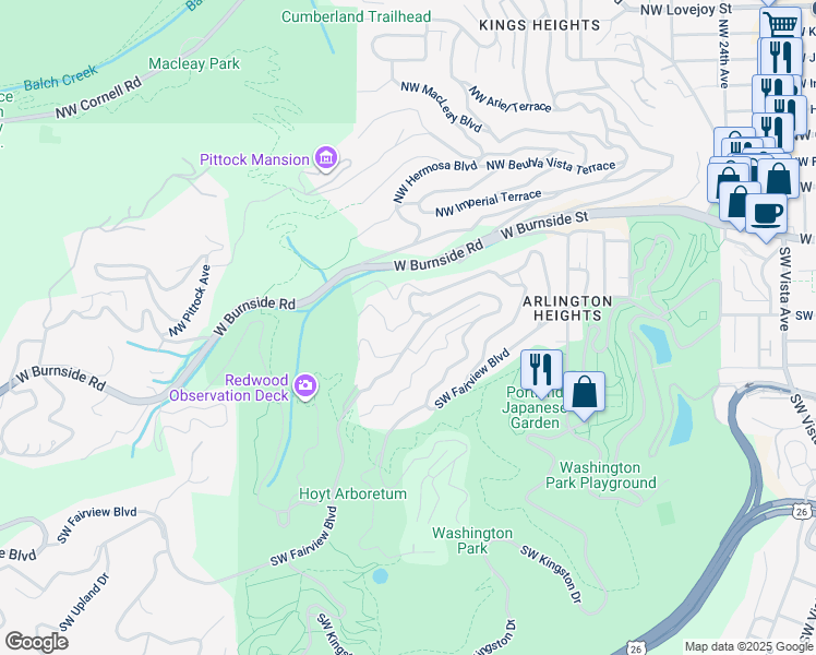 map of restaurants, bars, coffee shops, grocery stores, and more near 3042 Southwest Hampshire Street in Portland