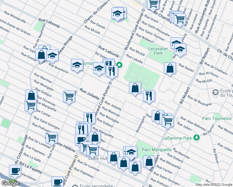 map of restaurants, bars, coffee shops, grocery stores, and more near 1955 Rue Villeneuve in Longueuil