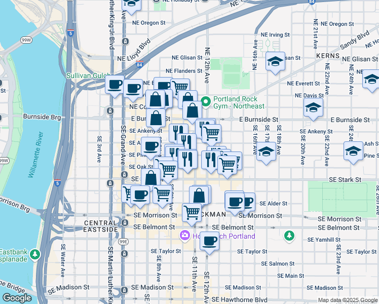 map of restaurants, bars, coffee shops, grocery stores, and more near 301 Southeast 11th Avenue in Portland