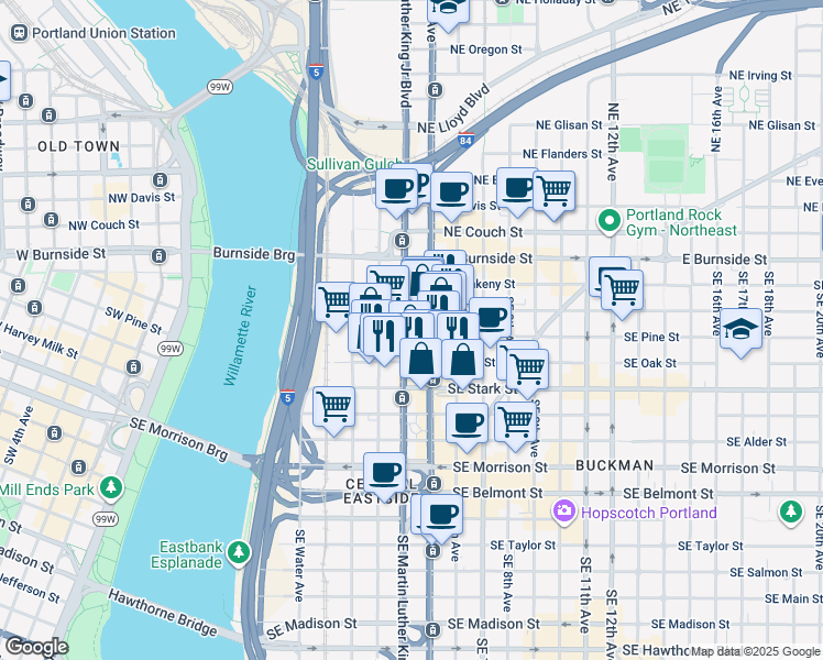 map of restaurants, bars, coffee shops, grocery stores, and more near 317 Southeast Grand Avenue in Portland